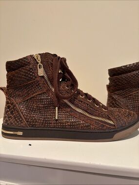 Michael Kors Brown Snake-Embossed High-Top Sneakers with Gold Hardware